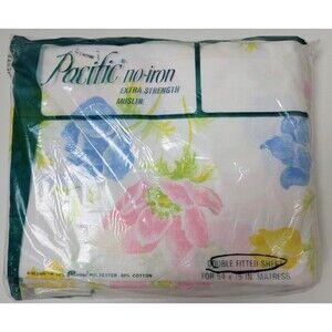 Vintage NIP Pacific Muslin Full Fitted‎ Sheet Floral Anemones